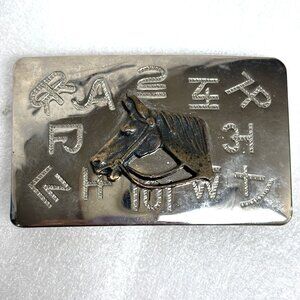 Silver Tone Brass Horse Belt Buckle with Ranch insignia.s Vintage